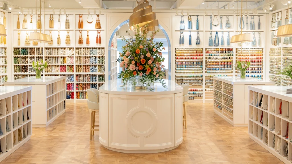 Luxury showroom with handcrafted tassels, trims, and textile cords in vibrant colors
